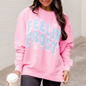 NEW Pink Lily Size Large Feelin Frosty Pink Corded Graphic Sweatshirt Pink
